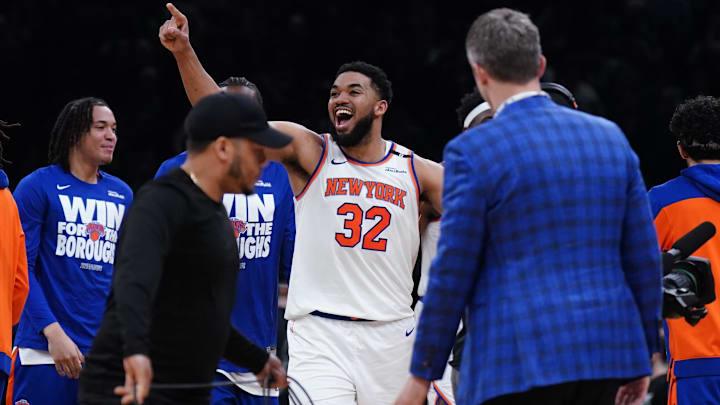 New York Knicks center Karl-Anthony Towns (32) reacts after defeating the Boston Celtics in game two of the second round for the 2025 NBA Playoffs at TD Garden.