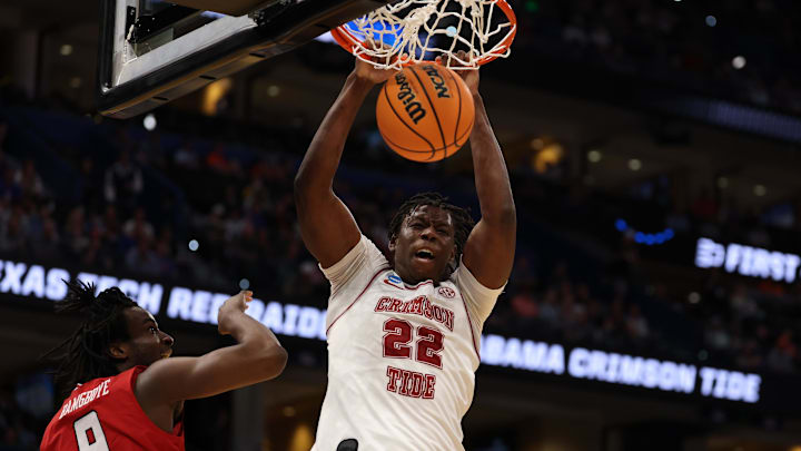 Mar 22, 2026; Tampa, FL, USA; Alabama Crimson Tide forward Aiden Sherrell (22) dunks past Texas Tech Red Raiders forward Luke Bamgboye (9) in the first half during a second round game of the men's 2026 NCAA Tournament at Benchmark International Arena. Mandatory Credit: Matt Pendleton-Imagn Images Mar 22, 2026; Tampa, FL, USA; Alabama Crimson Tide forward Aiden Sherrell (22) dunks past Texas Tech Red Raiders forward Luke Bamgboye (9) in the first half during a second round game of the men's 2026 NCAA Tournament at Benchmark International Arena. Mandatory Credit: Matt Pendleton-Imagn Images