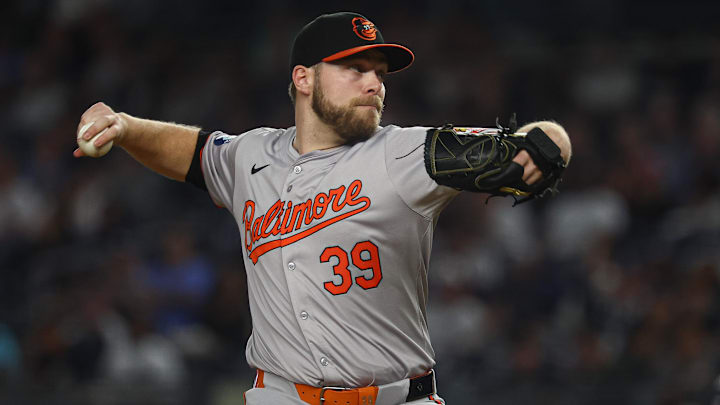 Sep 26, 2024; Bronx, New York, USA; Baltimore Orioles starting pitcher Corbin Burnes (39) delivers a pitch during the first inning against the New York Yankees at Yankee Stadium. Sep 26, 2024; Bronx, New York, USA; Baltimore Orioles starting pitcher Corbin Burnes (39) delivers a pitch during the first inning against the New York Yankees at Yankee Stadium.