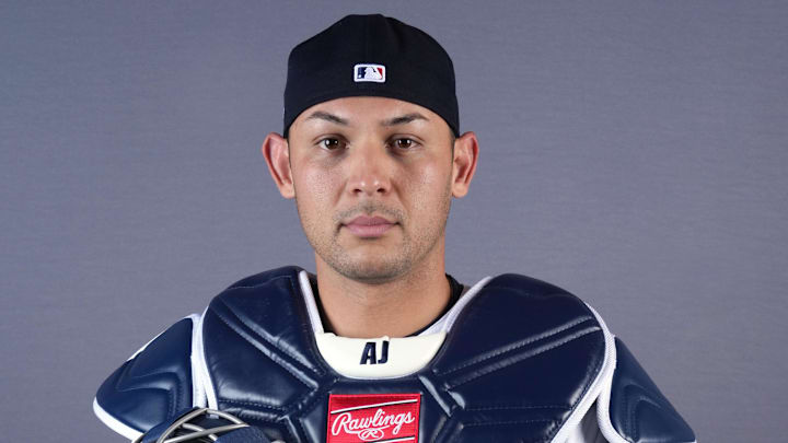 Feb 19, 2026; Lee County, FL, USA;  Minnesota Twins catcher Alex Jackson (70) poses for a portrait during photo day at Hammond Stadium. Mandatory Credit: Jim Rassol-Imagn Images

