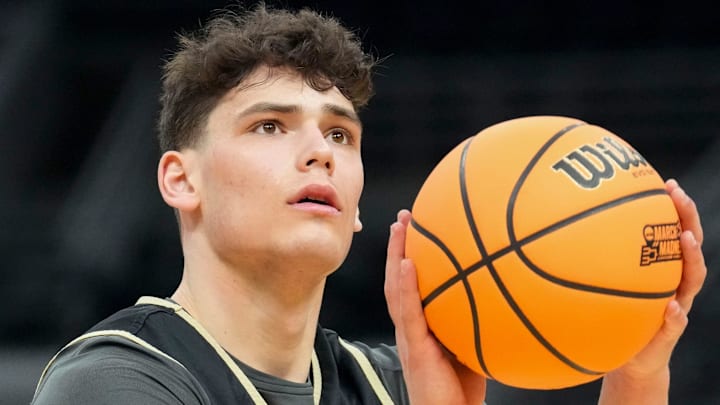 Purdue Boilermakers guard Omer Mayer (17) practices ahead of an NCAA Tournament game.