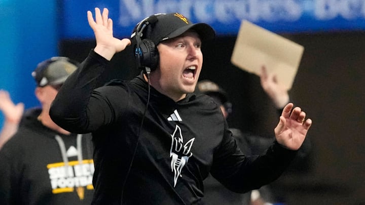 Arizona State head coach Kenny Dillingham calls a play against Texas during the fourth quarter in the Chick-fil-A Peach Bowl in Atlanta on Wednesday, Jan. 1, 2025. Arizona State head coach Kenny Dillingham calls a play against Texas during the fourth quarter in the Chick-fil-A Peach Bowl in Atlanta on Wednesday, Jan. 1, 2025.