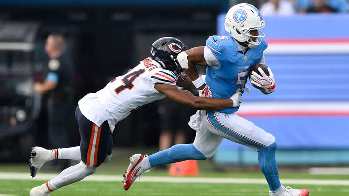 Aug 29, 2026; Nashville, Tennessee, USA; Chicago Bears cornerback Malik Muhammad II (24) tackles Tennessee Titans wide receiver Elic Ayomanor (5) during the first quarter at Nissan Stadium. Mandatory Credit: Steve Roberts-Imagn Images Aug 29, 2026; Nashville, Tennessee, USA; Chicago Bears cornerback Malik Muhammad II (24) tackles Tennessee Titans wide receiver Elic Ayomanor (5) during the first quarter at Nissan Stadium. Mandatory Credit: Steve Roberts-Imagn Images