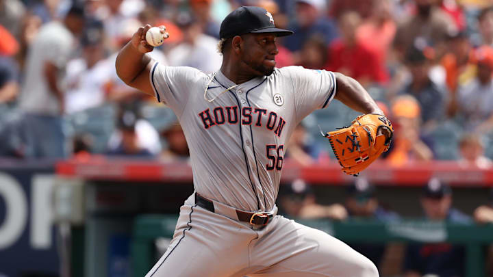 Sep 15, 2024; Anaheim, California, USA;  Houston Astros starting pitcher Ronel Blanco (56) pitches during the first inning against the Los Angeles Angels at Angel Stadium.