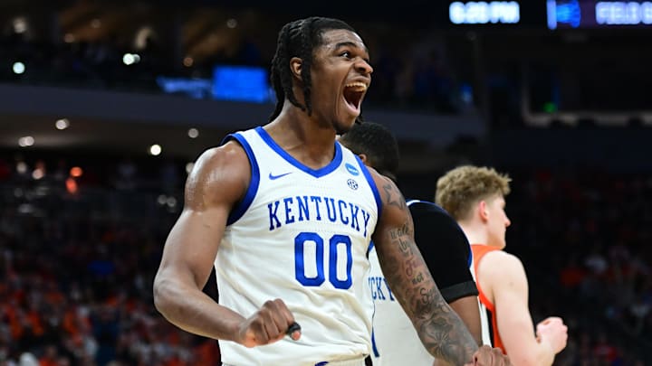 Mar 23, 2025; Milwaukee, WI, USA;  Kentucky Wildcats guard Otega Oweh (00) reacts during the second half in the second round of the NCAA Tournament against the Illinois Fighting Illini at Fiserv Forum. Mandatory Credit: Benny Sieu-Imagn Images