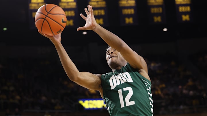 Nov 20, 2022; Ann Arbor, Michigan, USA;  Ohio Bobcats guard Jaylin Hunter (12) grabs the rebound against Michigan. 