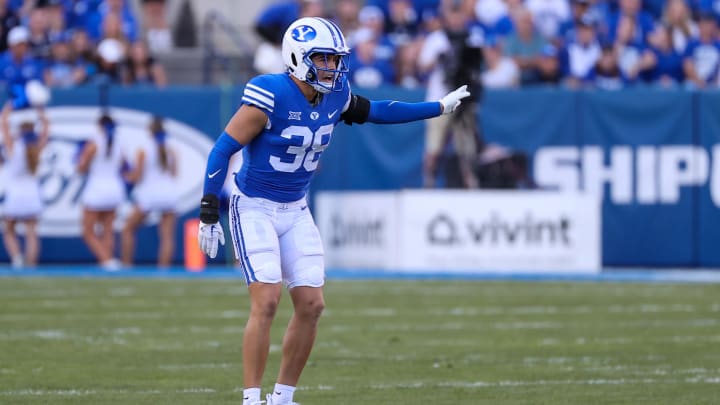 Oct 21, 2023; Provo, Utah, USA; Brigham Young Cougars safety Crew Wakley (38) against the Texas Tech Red Raiders in the first half at LaVell Edwards Stadium. Mandatory Credit: Rob Gray-USA TODAY Sports