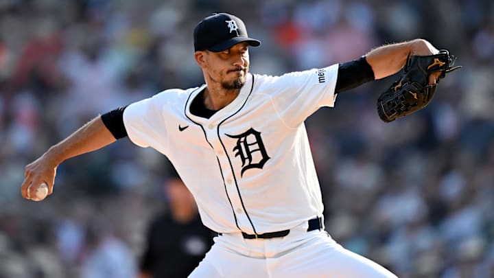 Aug 9, 2025; Detroit, Michigan, USA; Detroit Tigers starting pitcher Charlie Morton (50) throws a pitch against the Los Angeles Angels in the first inning at Comerica Park. Aug 9, 2025; Detroit, Michigan, USA; Detroit Tigers starting pitcher Charlie Morton (50) throws a pitch against the Los Angeles Angels in the first inning at Comerica Park.