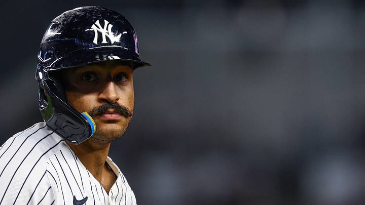 New York Yankees center fielder Trent Grisham (12) reacts during a video replay interview in th eseventh inning against the Houston Astros at Yankee Stadium. New York Yankees center fielder Trent Grisham (12) reacts during a video replay interview in th eseventh inning against the Houston Astros at Yankee Stadium.