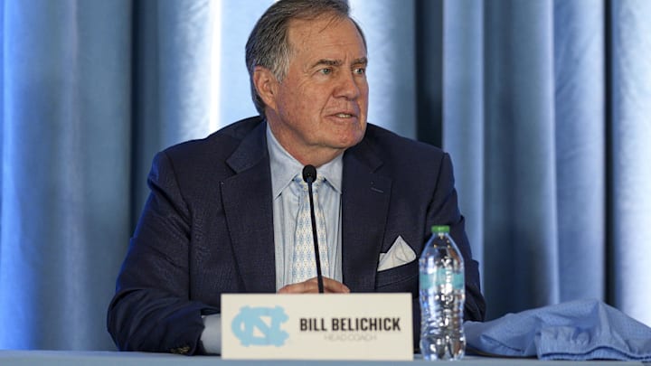 Dec 12, 2024; Chapel Hill, NC, USA; North Carolina Tar Heels new head coach Bill Belichick speaks to those attending his hiring announcement at Loudermilk Center for Excellence. Mandatory Credit: Jim Dedmon-Imagn Images Dec 12, 2024; Chapel Hill, NC, USA; North Carolina Tar Heels new head coach Bill Belichick speaks to those attending his hiring announcement at Loudermilk Center for Excellence. Mandatory Credit: Jim Dedmon-Imagn Images
