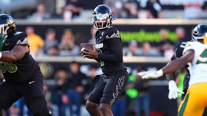 Aug 29, 2024; Boulder, Colorado, USA; Colorado Buffaloes quarterback Shedeur Sanders (2) prepares to pass the ball in the first quarter against the North Dakota State Bison at Folsom Field. Mandatory Credit: Ron Chenoy-Imagn Images