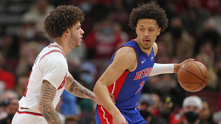 Jan 11, 2022; Chicago, Illinois, USA; (Editors note: caption correction) Detroit Pistons guard Cade Cunningham (2) is defended by Chicago Bulls guard Lonzo Ball (left) during the first quarter at the United Center. Mandatory Credit: Dennis Wierzbicki-Imagn Images Jan 11, 2022; Chicago, Illinois, USA; (Editors note: caption correction) Detroit Pistons guard Cade Cunningham (2) is defended by Chicago Bulls guard Lonzo Ball (left) during the first quarter at the United Center. Mandatory Credit: Dennis Wierzbicki-Imagn Images