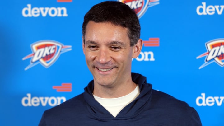 Nov 4, 2025; Inglewood, California, USA; Oklahoma City Thunder head coach Mark Daigneault at press conference at Intuit Dome. Mandatory Credit: Kirby Lee-Imagn Images