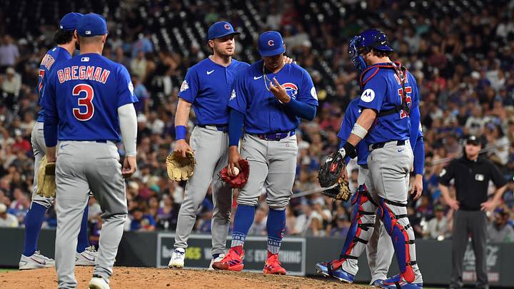 Jun 10, 2026; Denver, Colorado, USA; Chicago Cubs pitcher Daniel Palencia (48) talks with teammates in the ninth inning against the Colorado Rockies at Coors Field. Mandatory Credit: Christopher Hanewinckel-Imagn Images Jun 10, 2026; Denver, Colorado, USA; Chicago Cubs pitcher Daniel Palencia (48) talks with teammates in the ninth inning against the Colorado Rockies at Coors Field. Mandatory Credit: Christopher Hanewinckel-Imagn Images