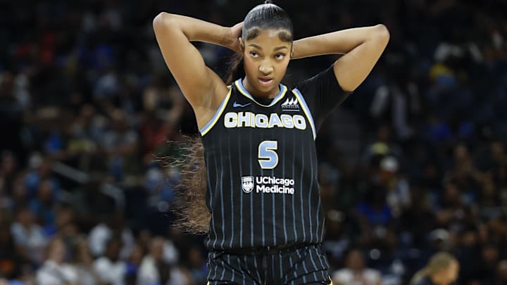 Aug 25, 2024; Chicago, Illinois, USA; Chicago Sky forward Angel Reese (5) walks on the court during the first half at Wintrust Arena. 