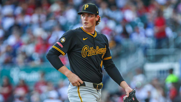 Sep 28, 2025; Cumberland, Georgia, USA; Pittsburgh Pirates pitcher Hunter Barco (45) walks to the dugout after pitching against the Atlanta Braves during the seventh inning at Truist Park. Mandatory Credit: Jordan Godfree-Imagn Images