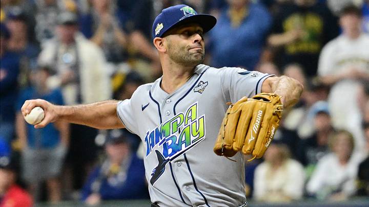 Oct 23, 2026; Milwaukee, Wisconsin, USA;  Tampa Bay Rays pitcher Nick Martinez (28) pitches during the first inning against the Milwaukee Brewers in game one of the 2026 World Series at American Family Field.  Mandatory Credit: Benny Sieu-Imagn Images