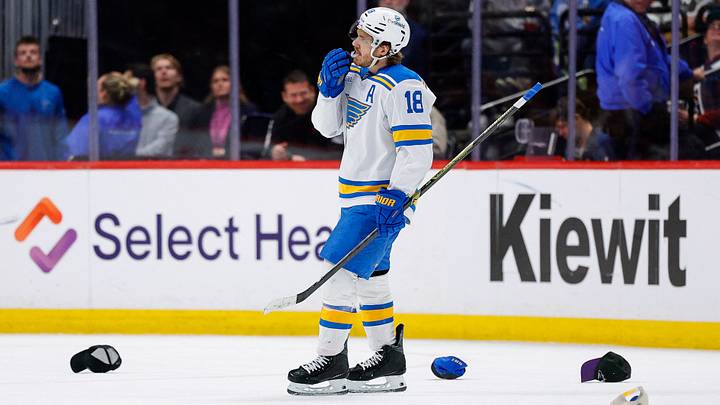 Apr 5, 2026; Denver, Colorado, USA; St. Louis Blues center Robert Thomas (18) after his hat trick goal against the Colorado Avalanche in the third period at Ball Arena. Mandatory Credit: Isaiah J. Downing-Imagn Images