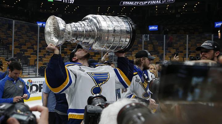 Jun 12, 2019; Boston, MA, USA; St. Louis Blues goaltender Jordan Binnington (50) kisses the Stanley Cup after defeating the Boston Bruins in game seven of the 2019 Stanley Cup Final at TD Garden. Mandatory Credit: Winslow Townson-Imagn Images