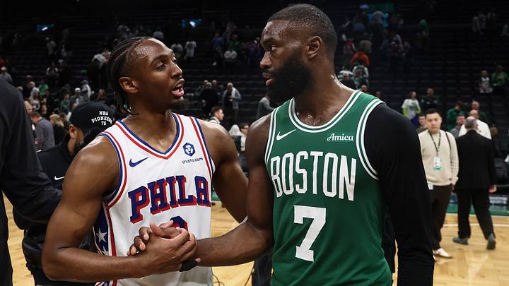 May 2, 2026; Boston, Massachusetts, USA; Philadelphia 76ers guard Tyrese Maxey (0) talks with Boston Celtics guard Jaylen Brown (7)after PhiladephiaÕs win in game seven of the first round of the 2026 NBA Playoffs at TD Garden. Mandatory Credit: Winslow Townson-Imagn Images