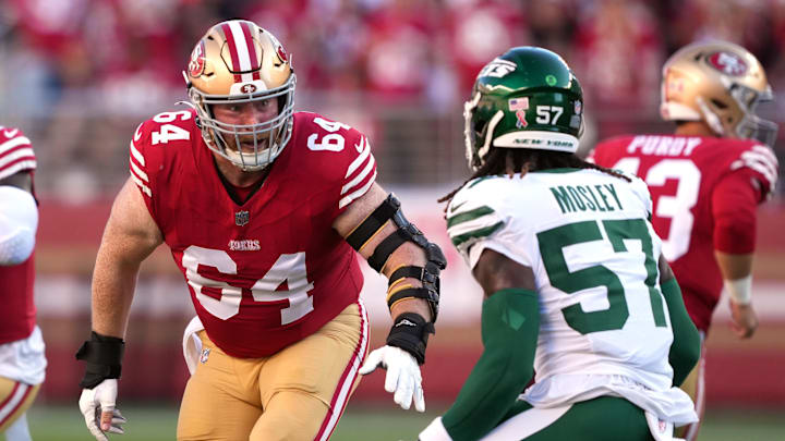 Sep 9, 2024; Santa Clara, California, USA; San Francisco 49ers center Jake Brendel (64) blocks New York Jets linebacker C.J. Mosley (57) during the first quarter at Levi's Stadium. Mandatory Credit: Darren Yamashita-Imagn Images