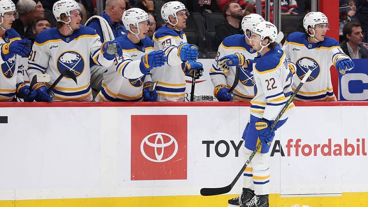 Buffalo Sabres right wing Jack Quinn (22) celebrates with teammates after scoring a goal against the Washington Capitals during the first period at Capital One Arena. Mandatory Credit: Geoff Burke-Imagn Images Buffalo Sabres right wing Jack Quinn (22) celebrates with teammates after scoring a goal against the Washington Capitals during the first period at Capital One Arena. Mandatory Credit: Geoff Burke-Imagn Images