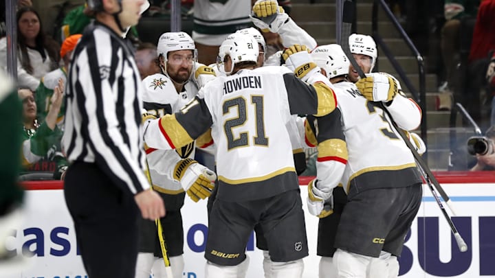 Apr 26, 2025; Saint Paul, Minnesota, USA; Vegas Golden Knights center Tomas Hertl (48) celebrates his goal with teammates during the third period in game four of the first round of the 2025 Stanley Cup Playoffs at Xcel Energy Center. Mandatory Credit: Bruce Fedyck-Imagn Images