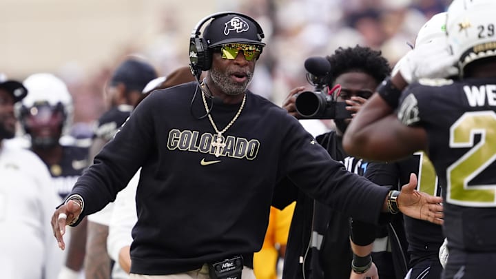Sep 6, 2025; Boulder, Colorado, USA; Colorado Buffaloes head coach Deion Sanders during the second half against the Delaware Fightin Blue Hens at Folsom Field. Mandatory Credit: Ron Chenoy-Imagn Images