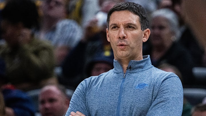 Oct 23, 2025; Indianapolis, Indiana, USA; Oklahoma City Thunder head coach Mark Daigneault in the second half against the Indiana Pacers at Gainbridge Fieldhouse. Mandatory Credit: Trevor Ruszkowski-Imagn Images Oct 23, 2025; Indianapolis, Indiana, USA; Oklahoma City Thunder head coach Mark Daigneault in the second half against the Indiana Pacers at Gainbridge Fieldhouse. Mandatory Credit: Trevor Ruszkowski-Imagn Images
