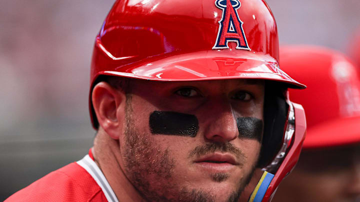 Jul 19, 2025; Philadelphia, Pennsylvania, USA; Los Angeles Angels outfielder Mike Trout looks on from the dugout during a game against the Philadelphia Phillies at Citizens Bank Park. Mandatory Credit: Bill Streicher-Imagn Images
