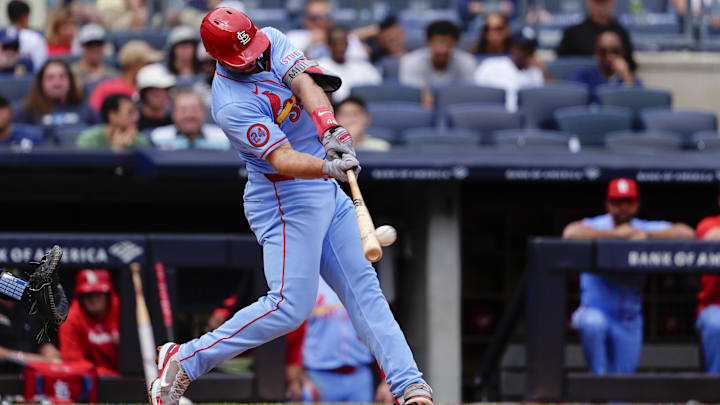Aug 31, 2024; Bronx, New York, USA; St. Louis Cardinals first baseman Paul Goldschmidt (46) hits a double against the New York Yankees during the third inning at Yankee Stadium. Mandatory Credit: Gregory Fisher-Imagn Images Aug 31, 2024; Bronx, New York, USA; St. Louis Cardinals first baseman Paul Goldschmidt (46) hits a double against the New York Yankees during the third inning at Yankee Stadium. Mandatory Credit: Gregory Fisher-Imagn Images