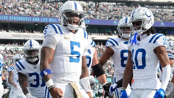 Nov 17, 2024; East Rutherford, New Jersey, USA; Indianapolis Colts quarterback Anthony Richardson (5) celebrates after scoring a touchdown over the New York Jets in the first half at MetLife Stadium. Mandatory Credit: Robert Deutsch-Imagn Images Nov 17, 2024; East Rutherford, New Jersey, USA; Indianapolis Colts quarterback Anthony Richardson (5) celebrates after scoring a touchdown over the New York Jets in the first half at MetLife Stadium. Mandatory Credit: Robert Deutsch-Imagn Images