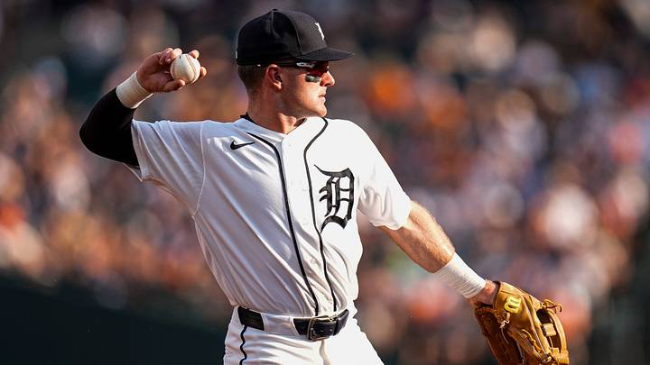 Detroit Tigers third baseman Kevin McGonigle throws. Detroit Tigers third baseman Kevin McGonigle throws.