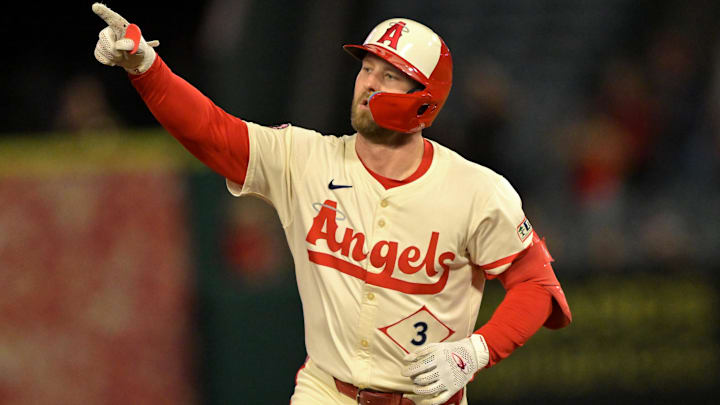 Sep 24, 2025; Anaheim, California, USA;  Los Angeles Angels left fielder Taylor Ward (3) rounds the bases after hitting a solo home run in the third inning against the Kansas City Royals at Angel Stadium. Mandatory Credit: Jayne Kamin-Oncea-Imagn Images