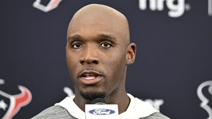 Jun 10, 2025; Houston, TX, USA; Houston Texans head coach DeMeco Ryans speaks during a press conference after an NFL football minicamp at NRG Stadium. Mandatory Credit: Maria Lysaker-Imagn Images 