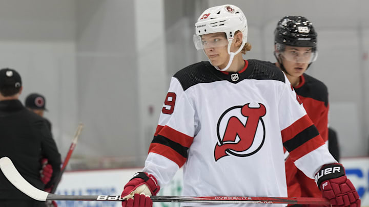 Lenni Hameenaho participates in the NJ Devils 2023 Development Camp (Credit: The Record)