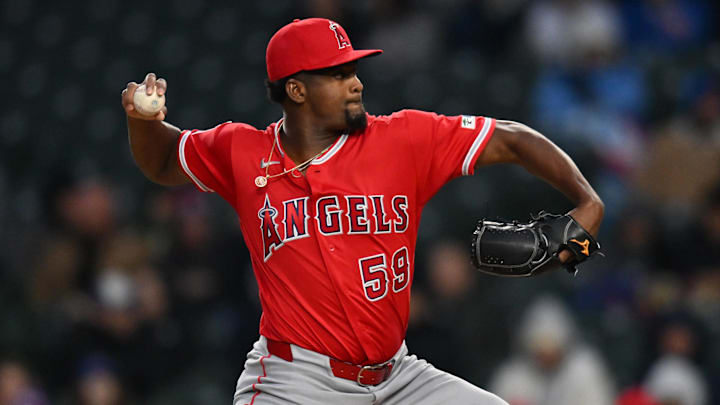 Mar 31, 2026; Chicago, Illinois, USA; Los Angeles Angels pitcher Jose Soriano (59) pitches against the Chicago Cubs during the first inning at Wrigley Field. Mandatory Credit: Patrick Gorski-Imagn Images