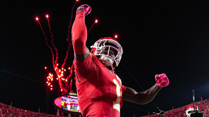 Kansas City Chiefs wide receiver Xavier Worthy (1) celebrates scoring a touchdown against Detroit Lions during the first half at Arrowhead Stadium in Kansas City, Missouri on Sunday, Oct. 12, 2025. Kansas City Chiefs wide receiver Xavier Worthy (1) celebrates scoring a touchdown against Detroit Lions during the first half at Arrowhead Stadium in Kansas City, Missouri on Sunday, Oct. 12, 2025.