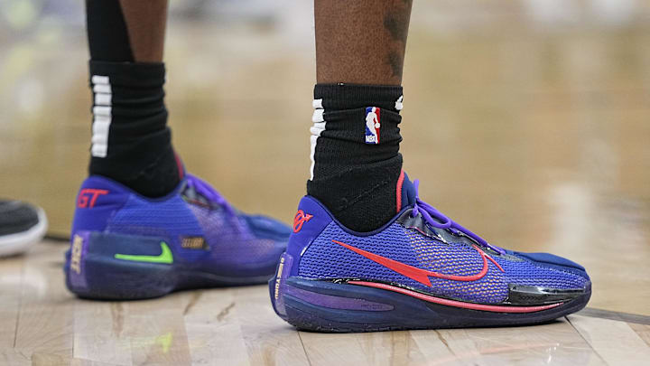 Mar 18, 2023; Toronto, Ontario, CAN; Detailed views of the shoes worn by Minnesota Timberwolves center Naz Reid (11) during the game against the Toronto Raptors at Scotiabank Arena. Mandatory Credit: John E. Sokolowski-Imagn Images