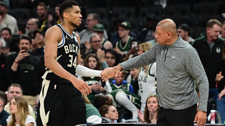Milwaukee Bucks forward Giannis Antetokounmpo exited Game 4's blowout loss, disappointingly shaking hands with head coach Doc Rivers as his team fell behind the Indiana Pacers 3-1. Milwaukee Bucks forward Giannis Antetokounmpo exited Game 4's blowout loss, disappointingly shaking hands with head coach Doc Rivers as his team fell behind the Indiana Pacers 3-1.