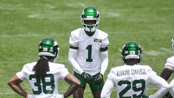 Jun 11, 2025; Florham Park, NY, USA; New York Jets cornerback Sauce Gardner (1) participates in a drill during minicamp at Atlantic Health Jets Training Center. Mandatory Credit: John Jones-Imagn Images Jun 11, 2025; Florham Park, NY, USA; New York Jets cornerback Sauce Gardner (1) participates in a drill during minicamp at Atlantic Health Jets Training Center. Mandatory Credit: John Jones-Imagn Images