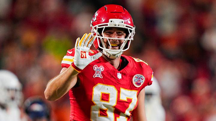 Kansas City Chiefs tight end Travis Kelce (87) reacts after making a catch for a first down during the first half against the Denver Broncos at GEHA Field at Arrowhead Stadium. Kansas City Chiefs tight end Travis Kelce (87) reacts after making a catch for a first down during the first half against the Denver Broncos at GEHA Field at Arrowhead Stadium.