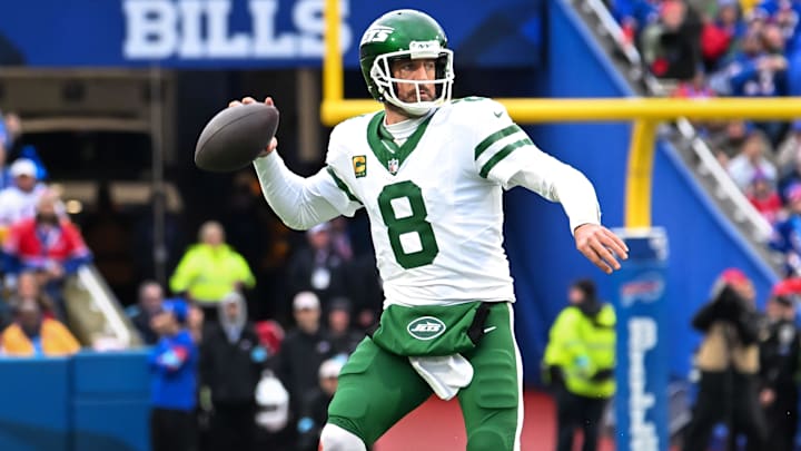 Dec 29, 2024; Orchard Park, New York, USA; New York Jets quarterback Aaron Rodgers (8) throws a pass in the first quarter against the Buffalo Bills at Highmark Stadium. Mandatory Credit: Mark Konezny-Imagn Images Dec 29, 2024; Orchard Park, New York, USA; New York Jets quarterback Aaron Rodgers (8) throws a pass in the first quarter against the Buffalo Bills at Highmark Stadium. Mandatory Credit: Mark Konezny-Imagn Images