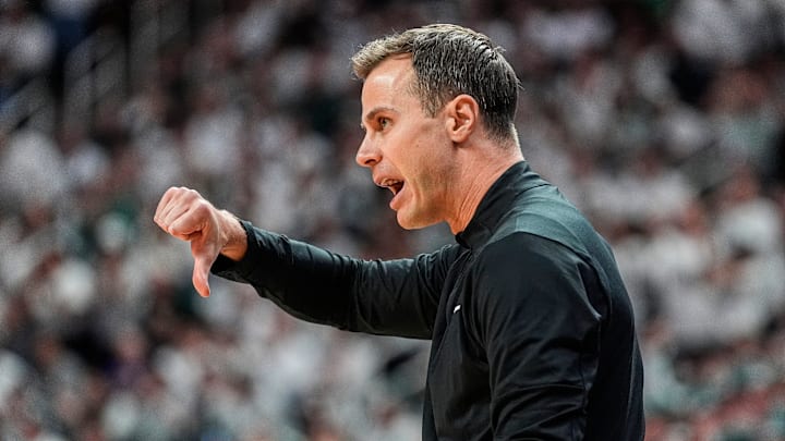 Duke head coach Jon Scheyer reacts to a play against Michigan State during the first half at Breslin Center in East Lansing on Saturday, Dec. 6, 2025.