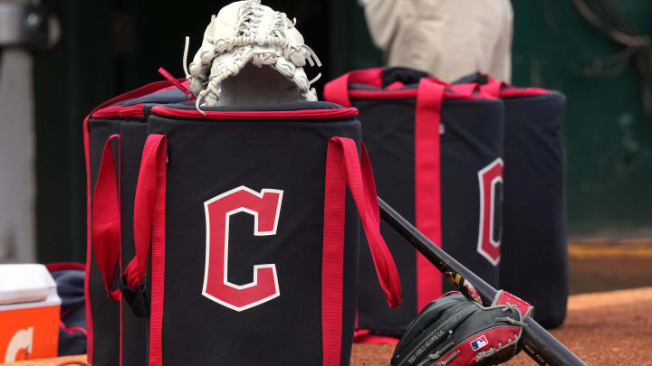 Mar 30, 2024; Oakland, California, USA; Cleveland Guardians equipment sits in front of the dugout before the game against the Oakland Athletics at Oakland-Alameda County Coliseum. Mandatory Credit: Darren Yamashita-USA TODAY Sports Mar 30, 2024; Oakland, California, USA; Cleveland Guardians equipment sits in front of the dugout before the game against the Oakland Athletics at Oakland-Alameda County Coliseum. Mandatory Credit: Darren Yamashita-USA TODAY Sports