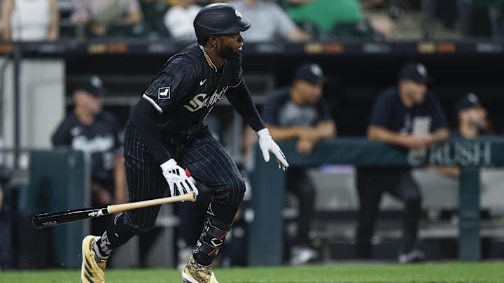 Aug 26, 2024; Chicago, Illinois, USA; Chicago White Sox outfielder Luis Robert Jr. (88) grounds into a force out against the Detroit Tigers during the third inning at Guaranteed Rate Field.