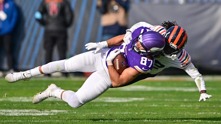 T.J. Hockenson is tackled by Terell Smith in the second quarter of Sunday's 30-27 Bears loss. T.J. Hockenson is tackled by Terell Smith in the second quarter of Sunday's 30-27 Bears loss.