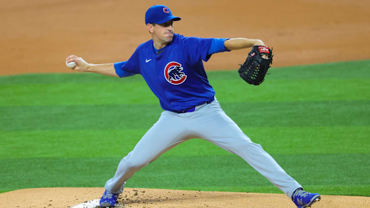 Mar 30, 2024; Arlington, Texas, USA;  Chicago Cubs starting pitcher Kyle Hendricks (28) throws