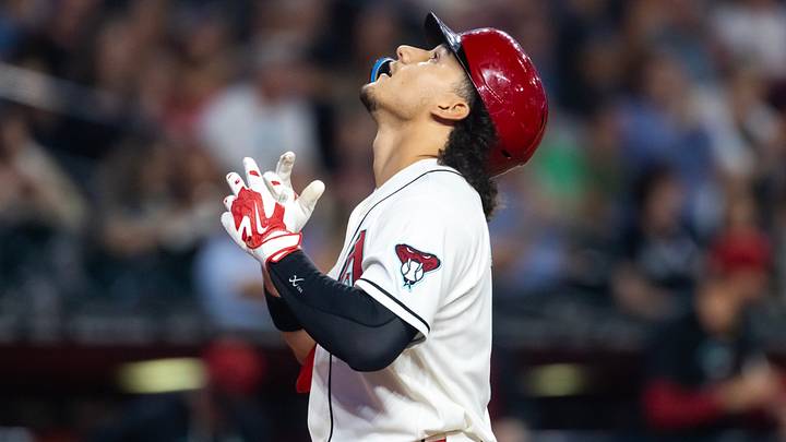 Apr 21, 2026; Phoenix, Arizona, USA; Arizona Diamondbacks outfielder Alek Thomas celebrates after hitting a solo home run in the fifth inning against the Chicago White Sox at Chase Field. Mandatory Credit: Mark J. Rebilas-Imagn Images
