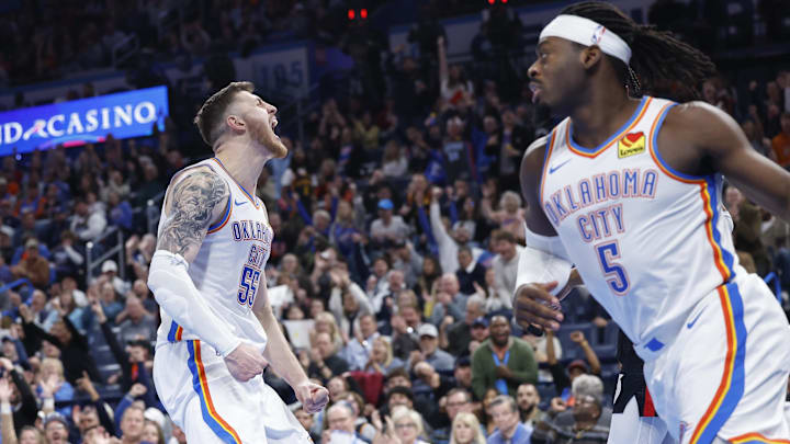 Nov 20, 2024; Oklahoma City, Oklahoma, USA; Oklahoma City Thunder center Isaiah Hartenstein (55) celebrates after scoring against the Portland Trail Blazers during the second half at Paycom Center. Mandatory Credit: Alonzo Adams-Imagn Images